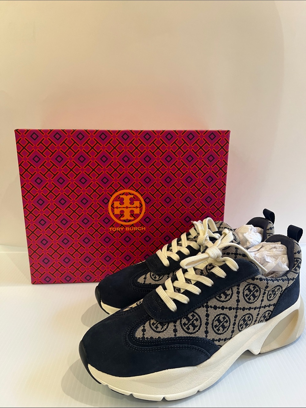 New Tory Burch Women’s Navy Blue and Cream Logo Sneakers in Size 11